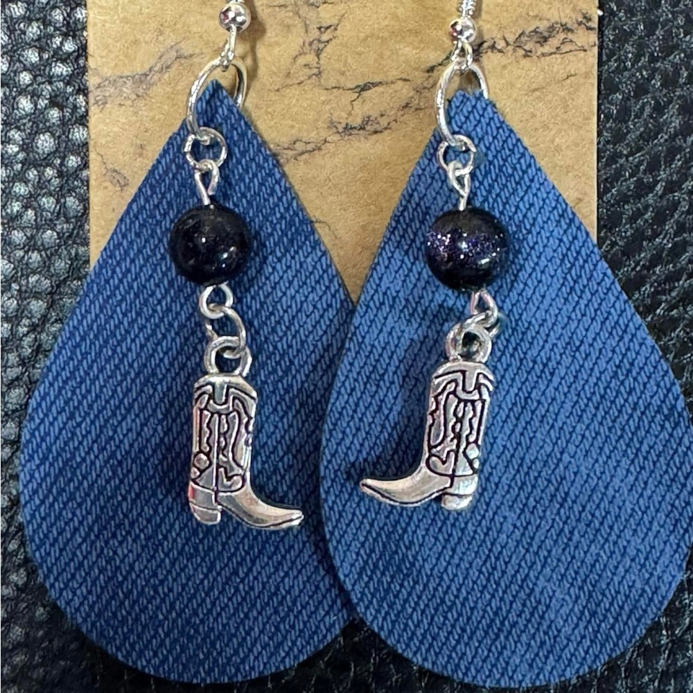 Blue Faux Denim Teardrop Earrings with Silver Boot Charms